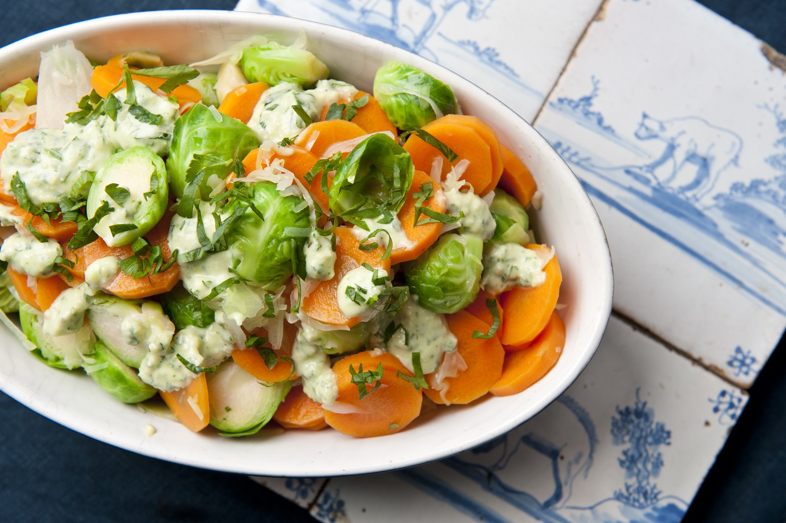 Veggipedia - Steamed winter vegetables with parsley pesto